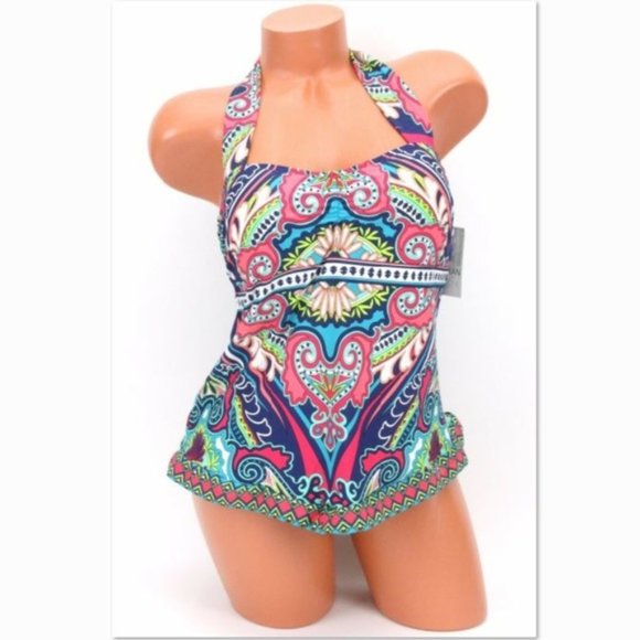24TH Ocean Bermuda Retro Print Halter Tankini Top - Picture 1 of 3